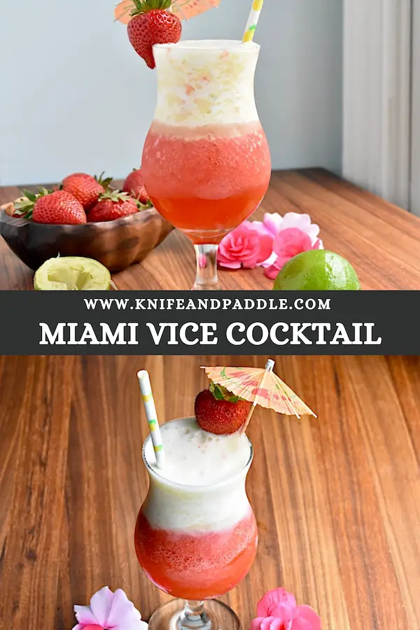 The Miami Vice Cocktail in a hurricane glass garnished with a fresh strawberry and a cocktail umbrella