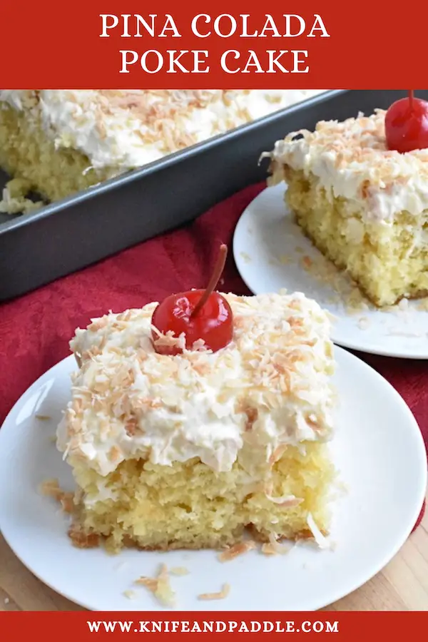 Slices of Pina Colada Poke Cake on  plates topped with whipped topping, toasted coconut and a maraschino cherry