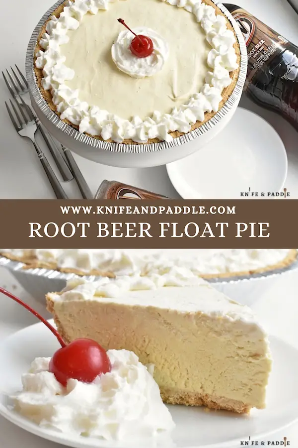 Root Beer Float Pie topped with whipped cream and a maraschino cherry