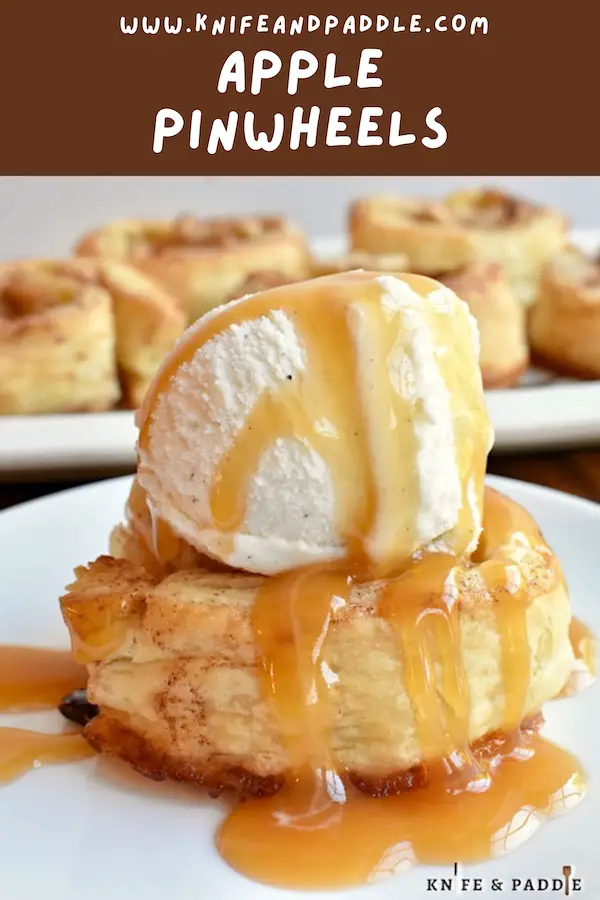 Apple Pinwheels topped with vanilla ice cream and caramel sauce on a plate