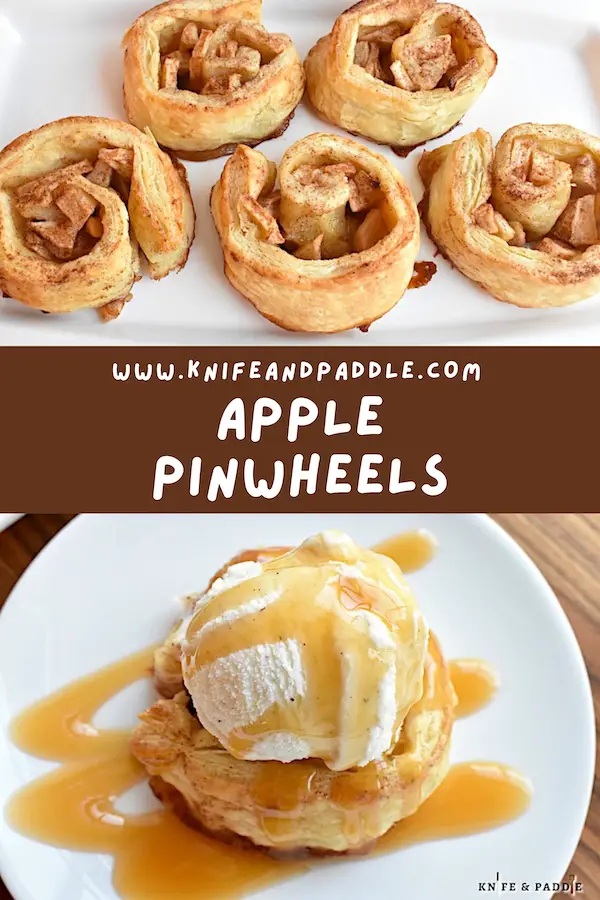 Apple Pinwheels topped with vanilla ice cream and caramel sauce on a plate