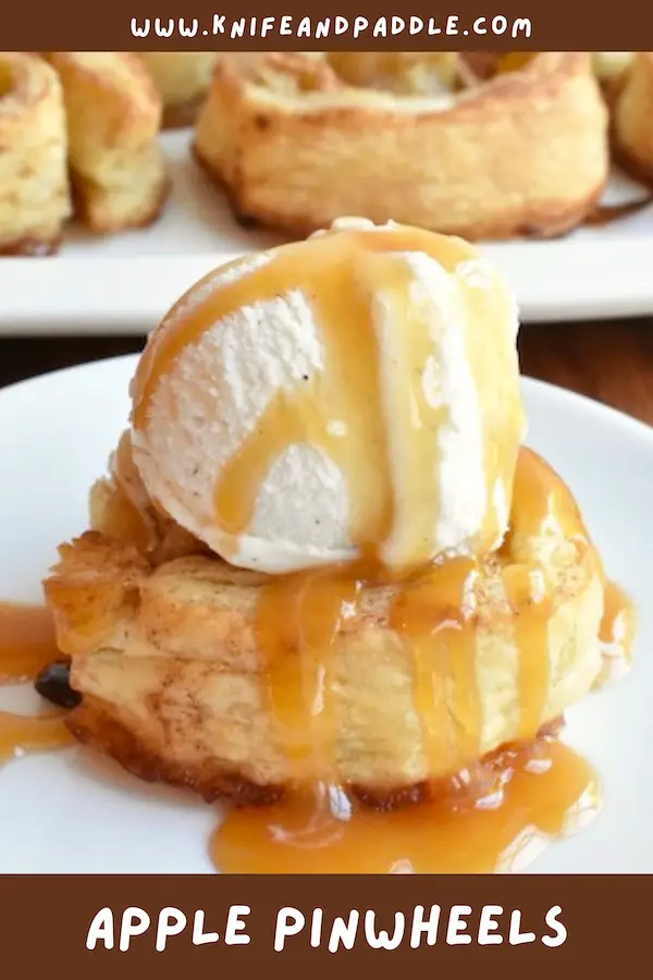 Apple Pinwheels topped with vanilla ice cream and caramel sauce on a plate