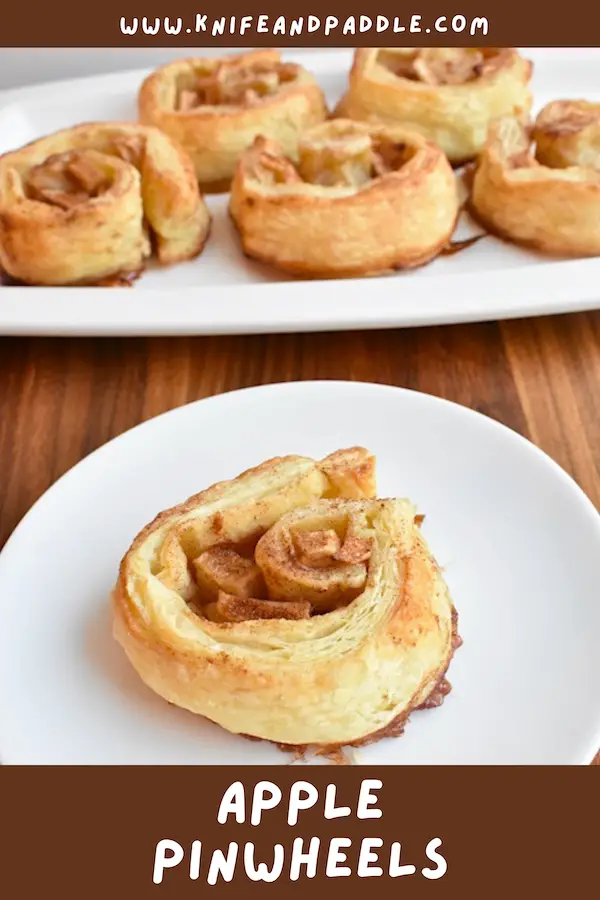 Apple Pinwheels topped with vanilla ice cream and caramel sauce on a plate