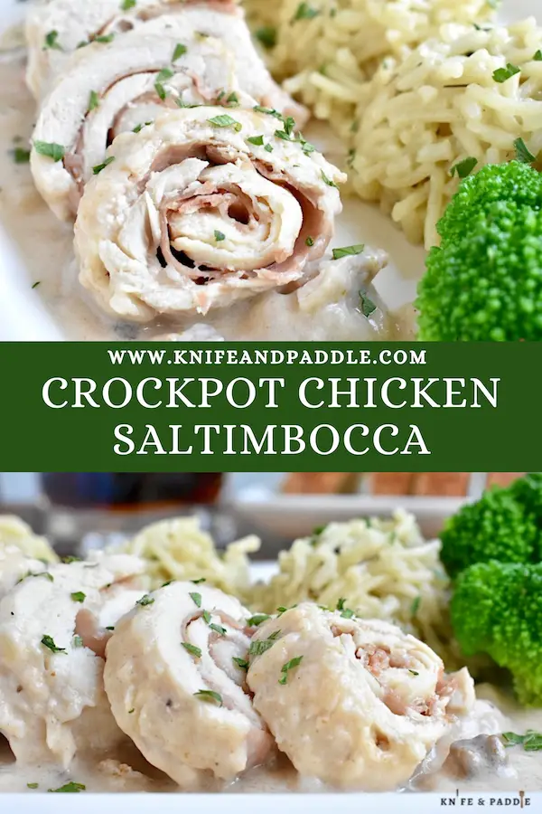 Crockpot Chicken Saltimbocca served on a plate topped with fresh parsley and accompanied by rice and broccoli