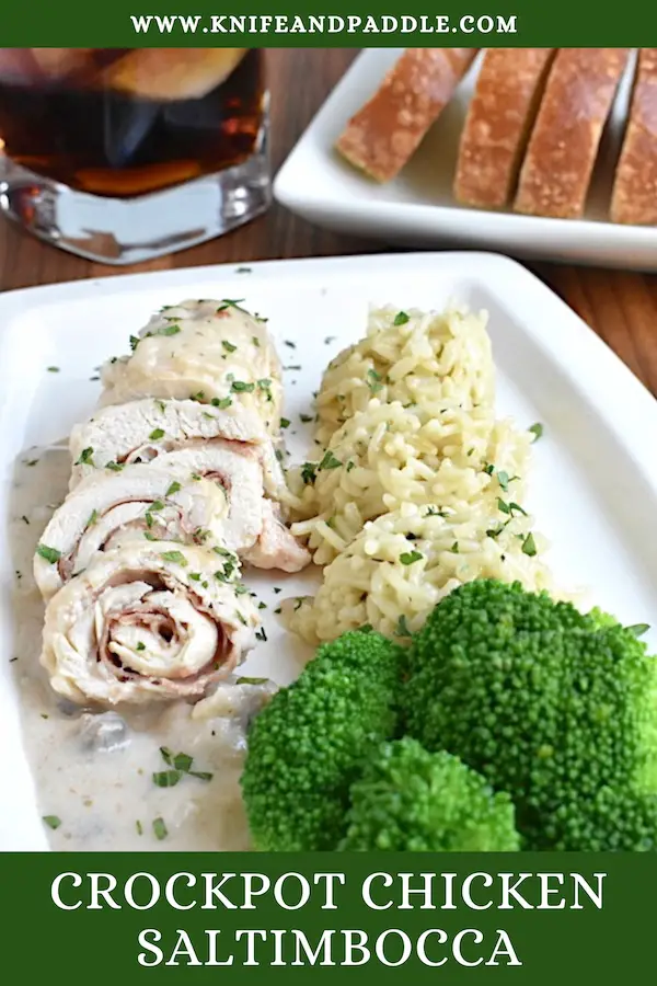 Crockpot Chicken Saltimbocca served on a plate topped with fresh parsley and accompanied by rice and broccoli