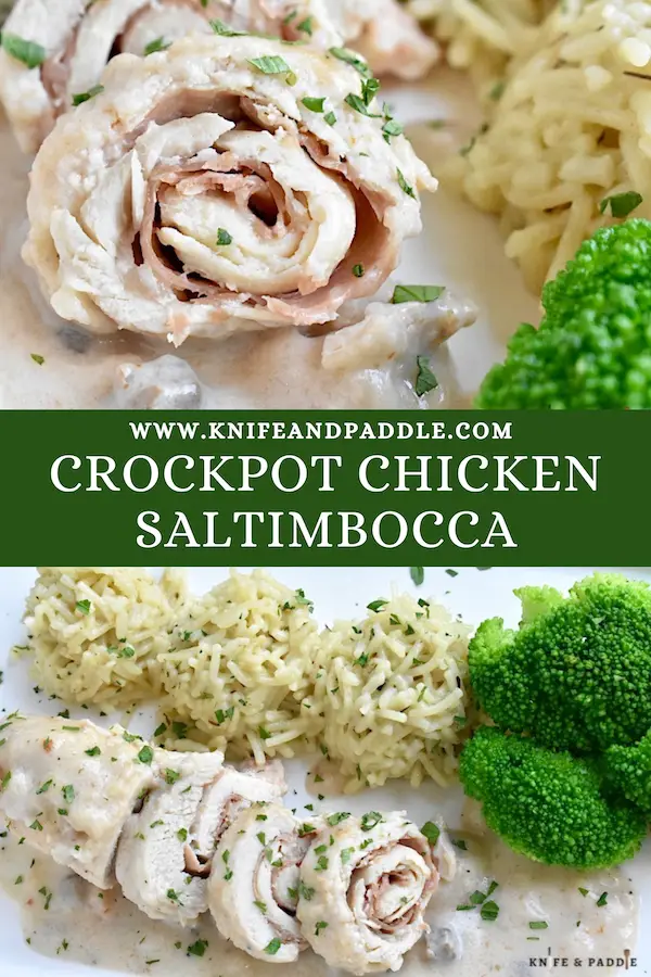 Crockpot Chicken Saltimbocca served on a plate topped with fresh parsley and accompanied by rice and broccoli