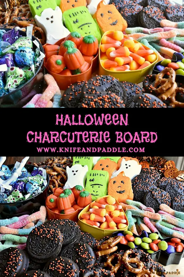 Ghost, Frankenstein and Pumpkin Pepps, Pretzels, Candy Corn, Pumpkin Candy Corn, Gummy worms, M&M's, Oreos, Hershey's Kisses arranged on a platter