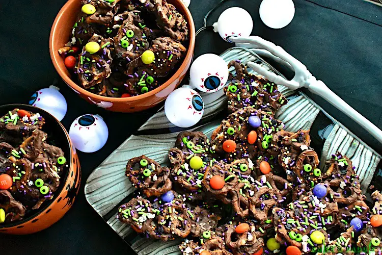 Halloween Pretzel Crockpot Crack in bowls and on a platter