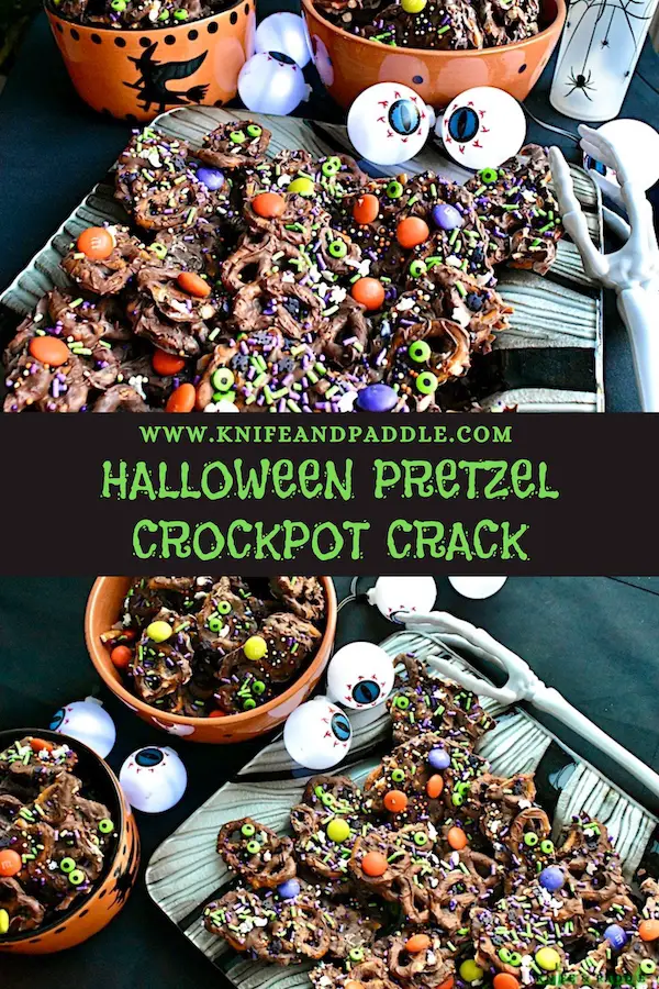 Halloween Pretzel Crockpot Crack in bowls and on a platter