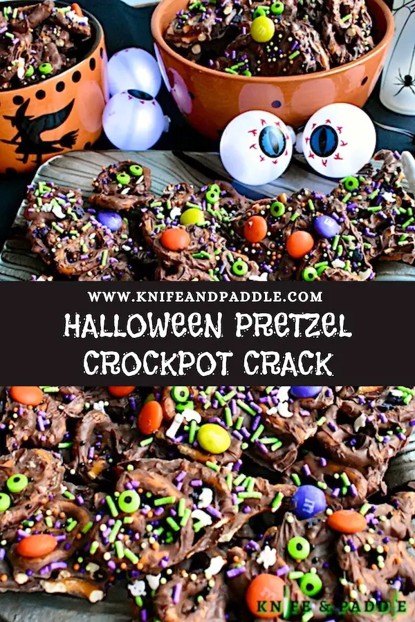 Halloween Pretzel Crockpot Crack in bowls and on a platter