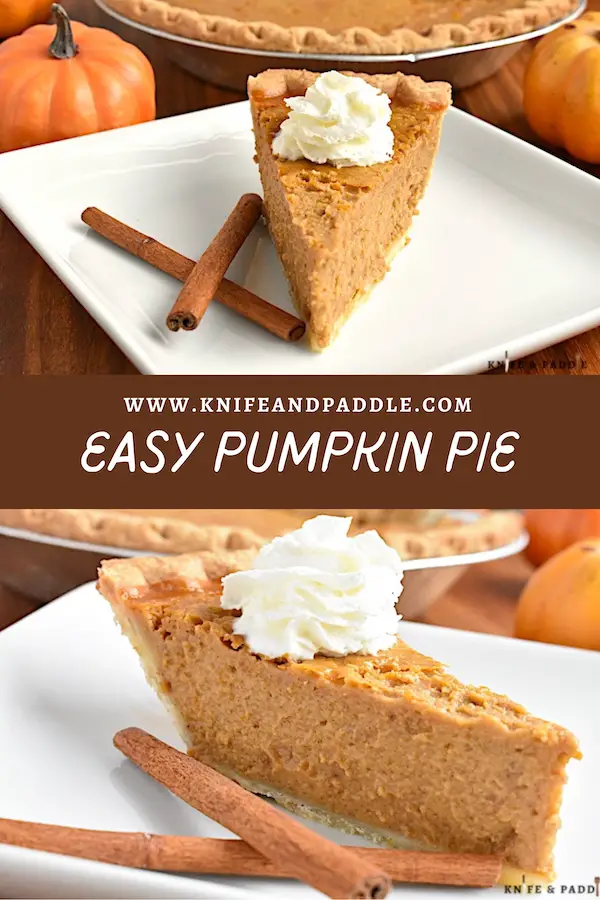 Easy Pumpkin Pie on a plate topped with whipped cream