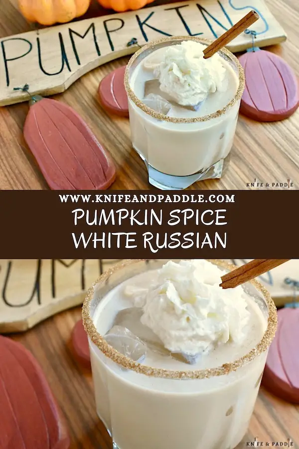 Pumpkin Spice White Russian with spiced rim and topped with whipped cream and a cinnamon stick