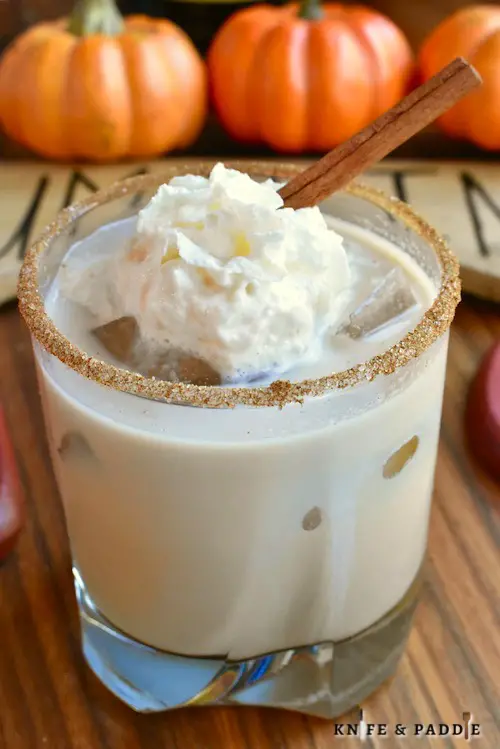 Pumpkin Spice White Russian with spiced rim and topped with whipped cream and a cinnamon stick