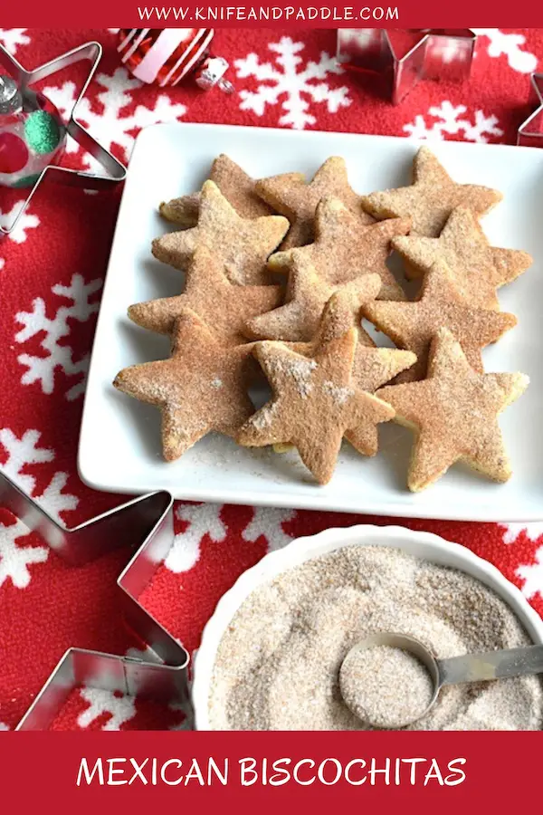 Mexican Biscochitas cut out into a star topped with cinnamon and sugar