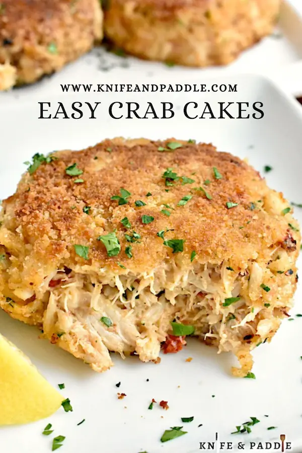 Easy Crab Cakes on a dish with a fresh lemon wedge