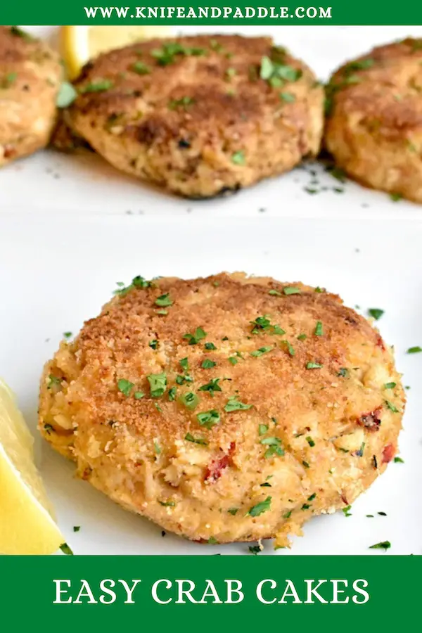 Easy Crab Cakes on a dish with a fresh lemon wedge