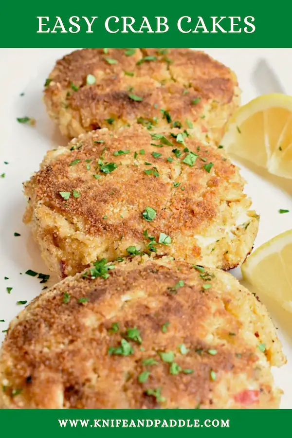 Easy Crab Cakes on a dish with a fresh lemon wedge