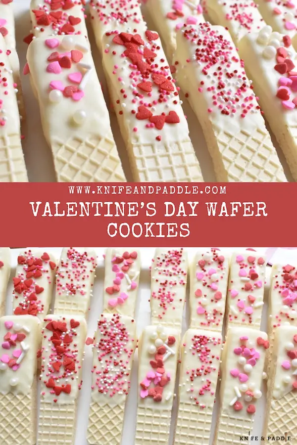 Valentine's Day Wafer Cookies topped with red and pink hearts and sprinkles