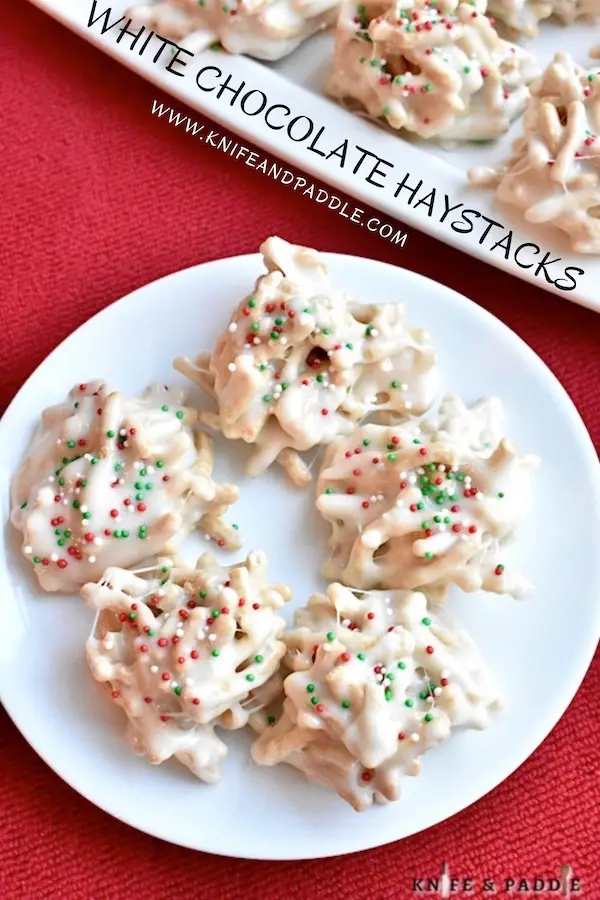 White Chocolate Haystacks with Christmas nonpareils