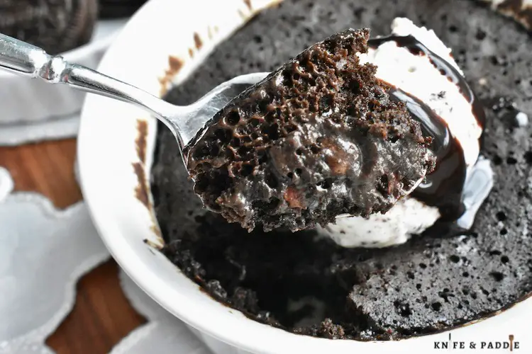 Easy microwave dessert topped with cookies and cream ice cream and chocolate sauce