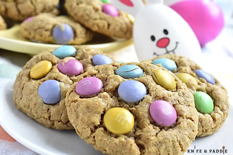 Easter M&M Oatmeal Cookies on a plate