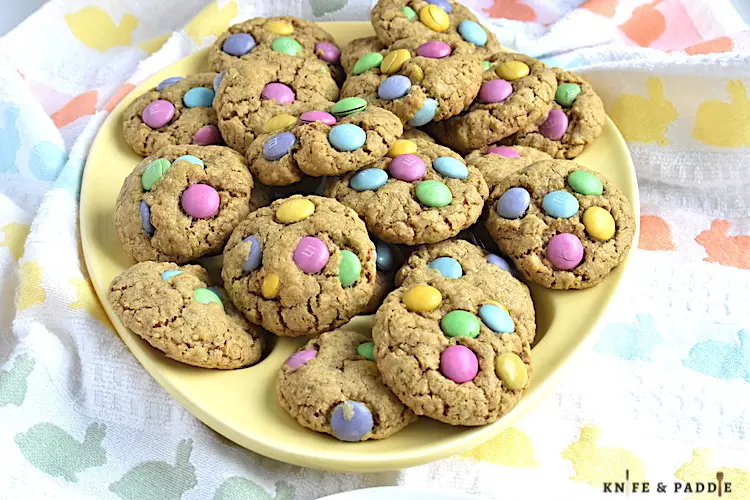 Easter M&M Oatmeal Cookies on a plate