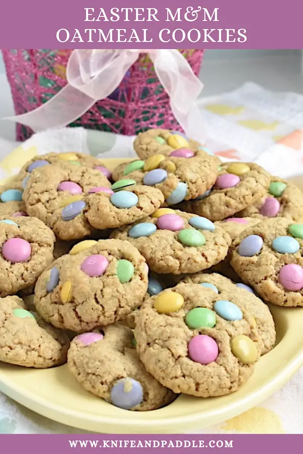 Easter M&M Oatmeal Cookies on a plate