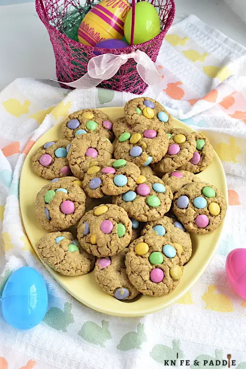 Easter M&M Oatmeal Cookies on a plate